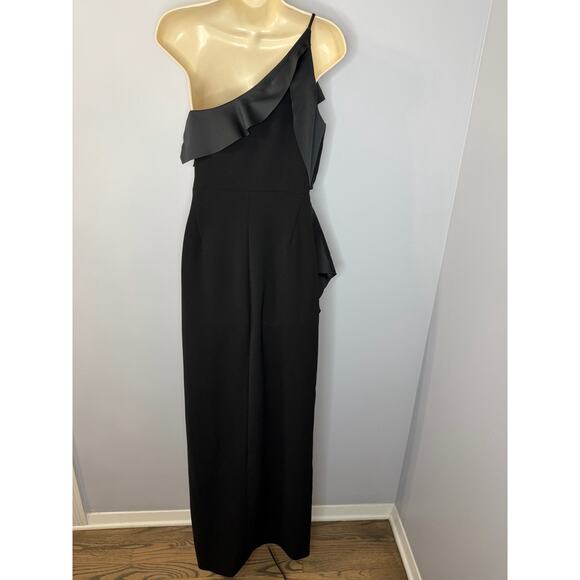 Halston Heritage One-Shoulder Draped Satin-Paneled Crepe Gown Black Dress Sz 4 - Picture 13 of 16
